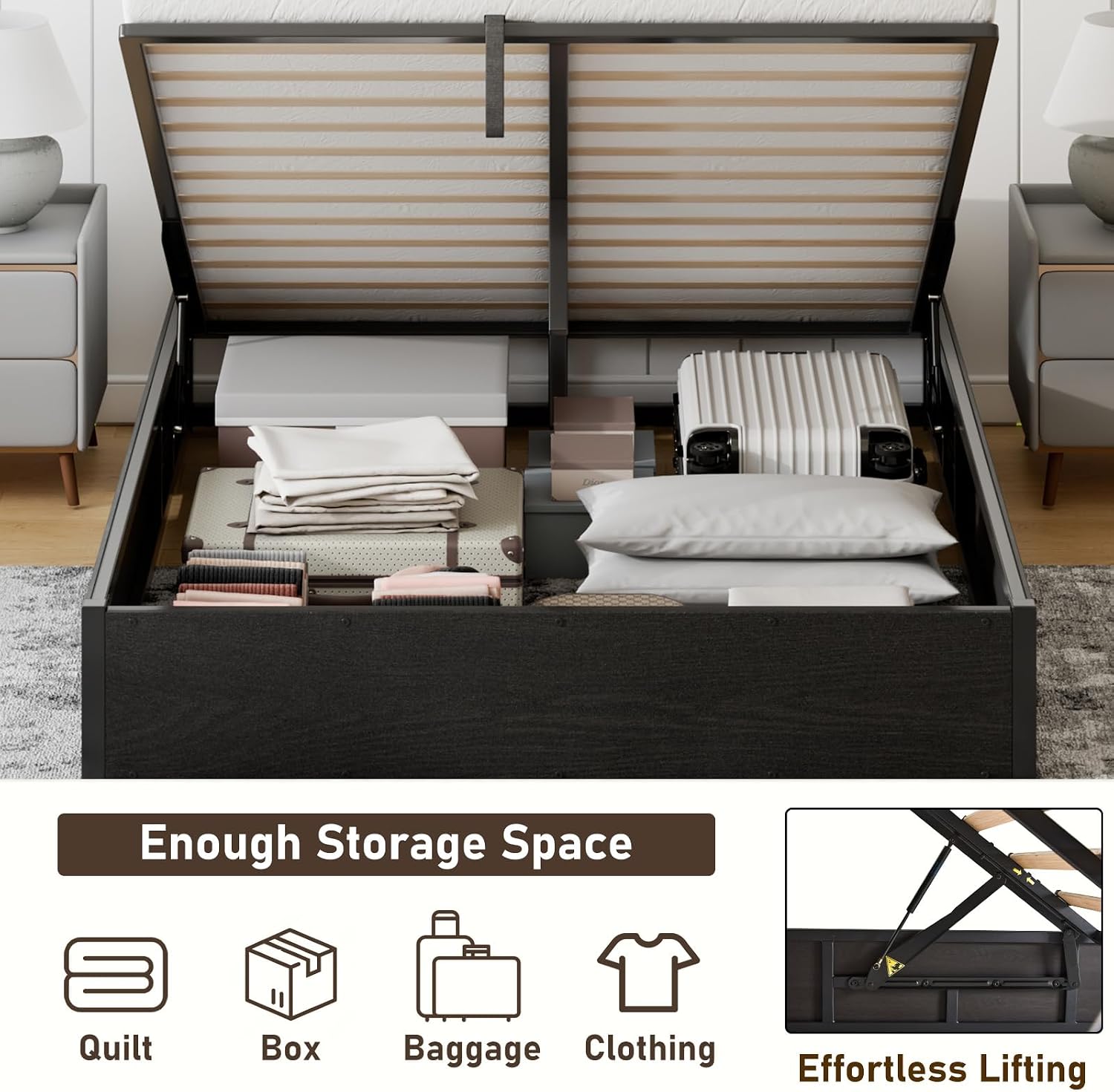 Black Queen Metal Lift Storage Bed Frame