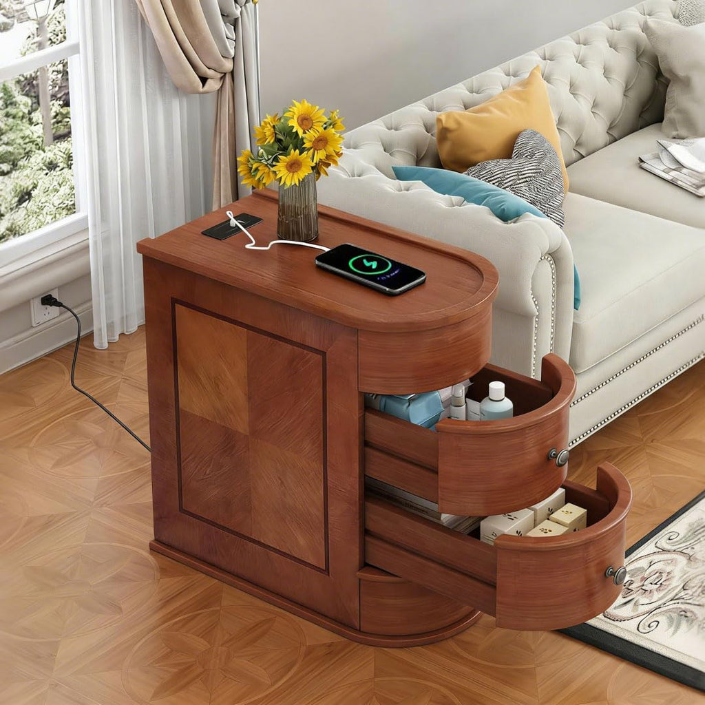 Brown Narrow Charging 2-Drawer Side Table