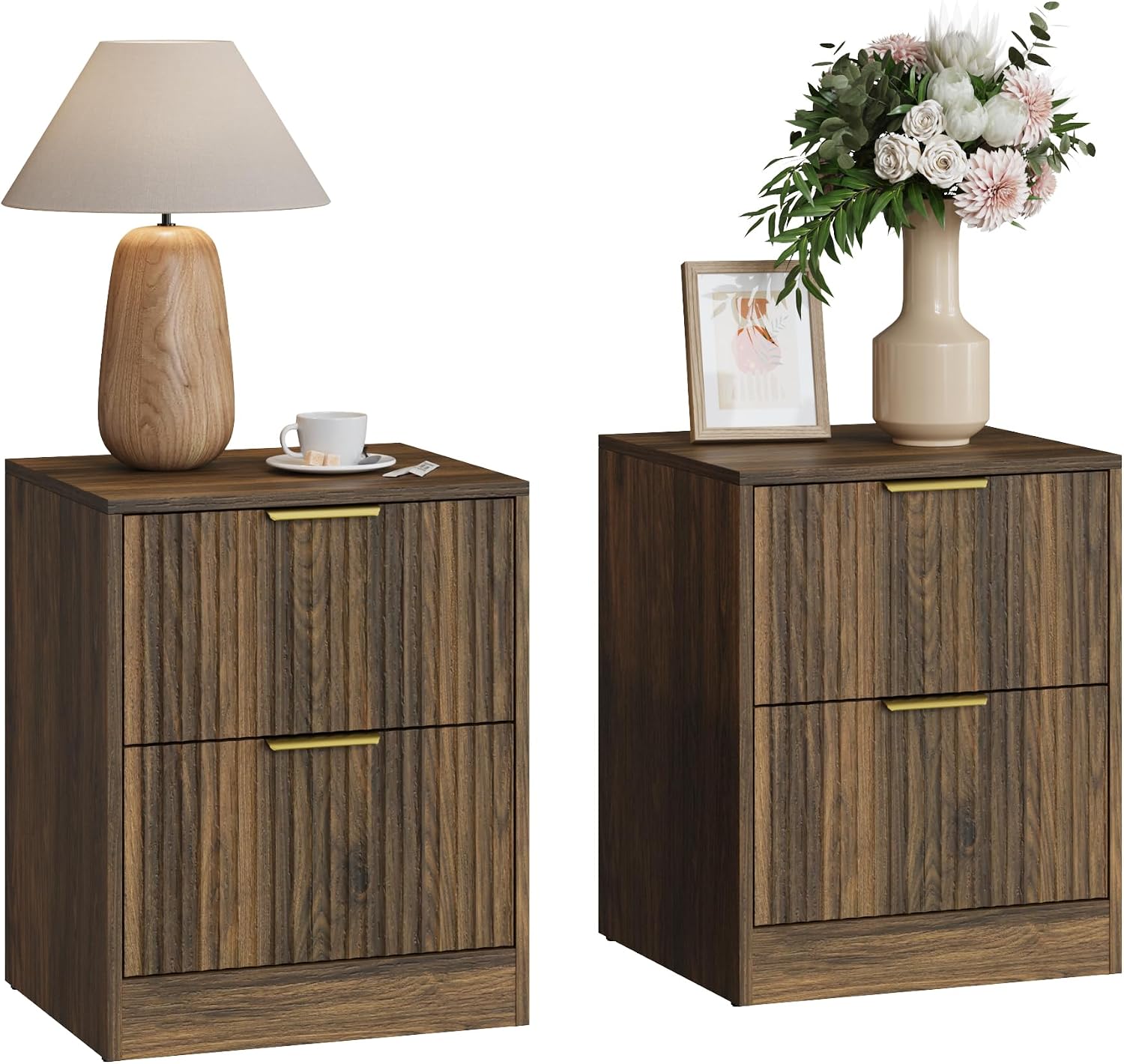Walnut Fluted 2-Drawer Nightstand Set of 2