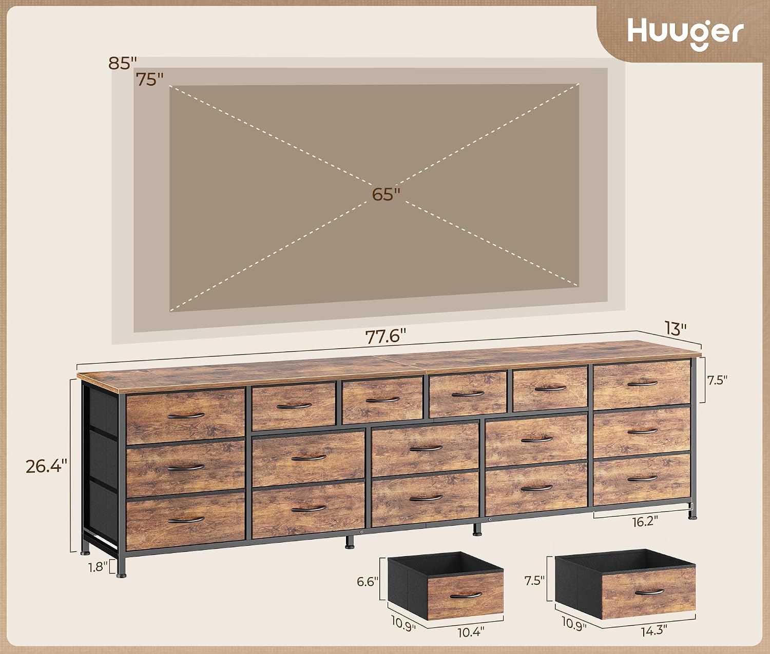 Rustic Brown 16-Drawer Wide Fabric Dresser