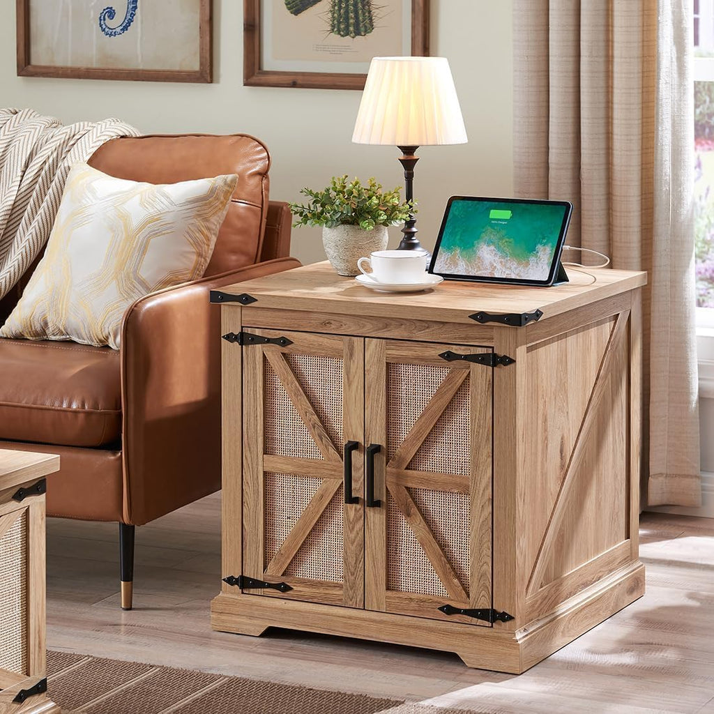 Natural Rattan Barn Door Farmhouse Side Table