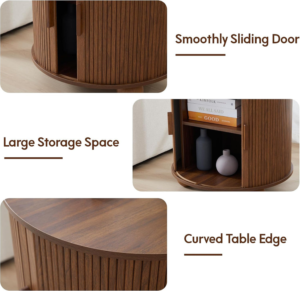 Walnut Round Fluted Charging Storage End Table