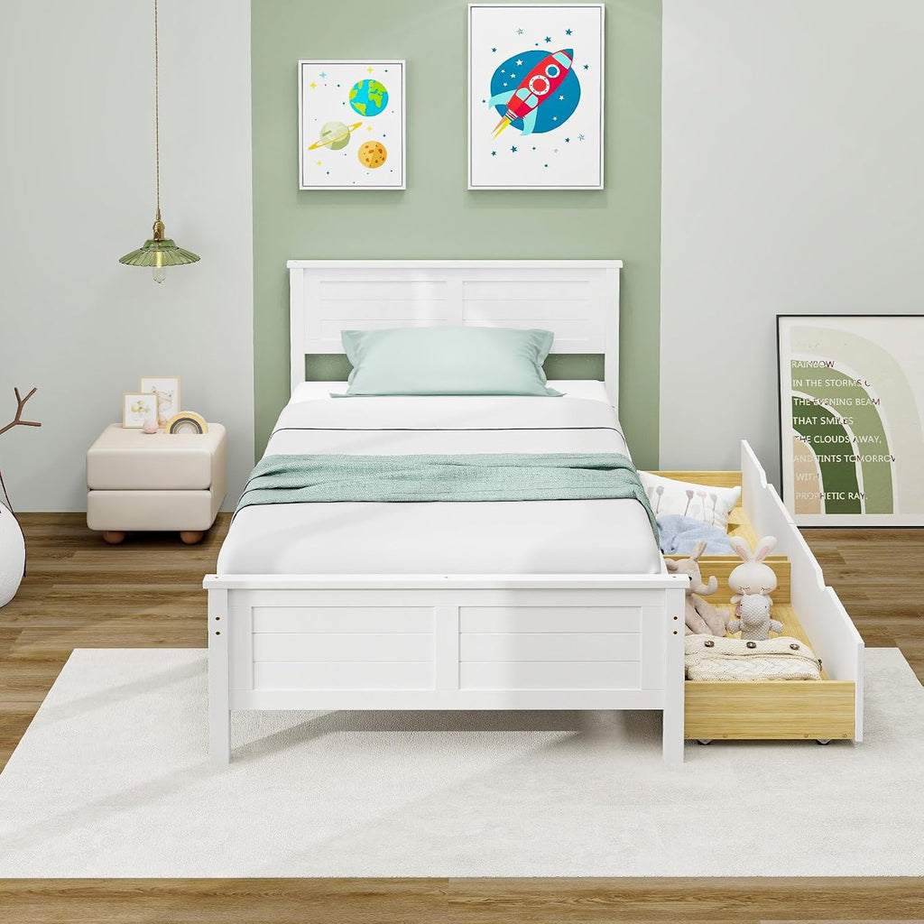 White Twin Wood Storage Drawer Bed Frame