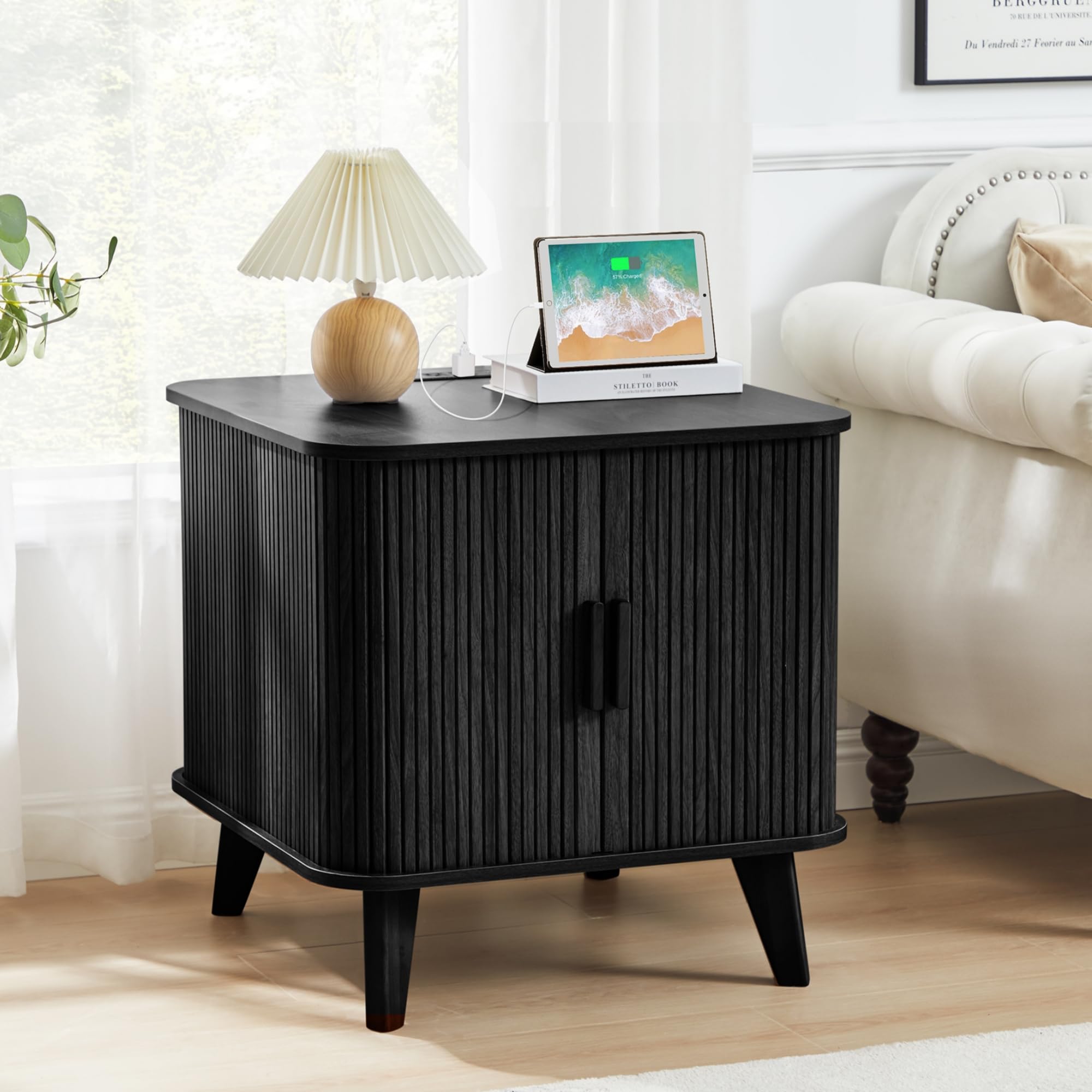 Walnut Round Fluted Charging Storage End Table