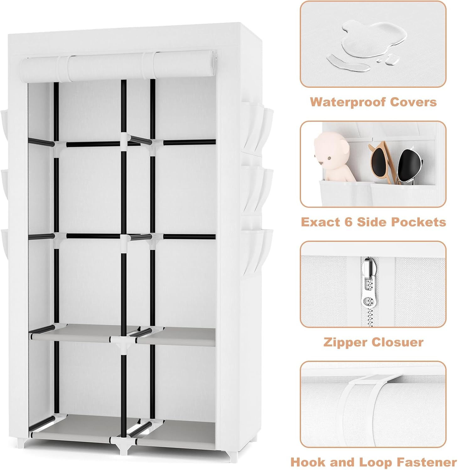 White Covered Multi-Shelf Portable Wardrobe