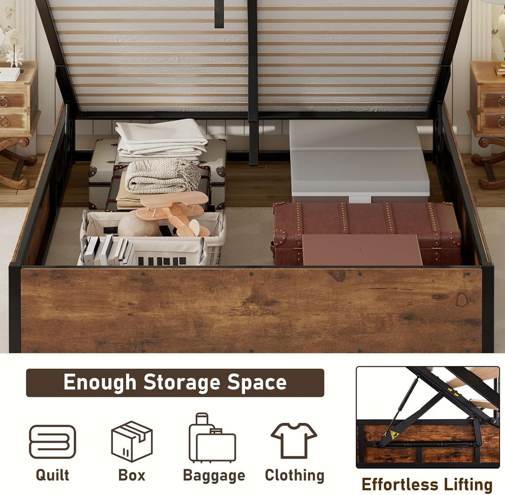 Rustic Brown Queen Lift Storage Bed Frame