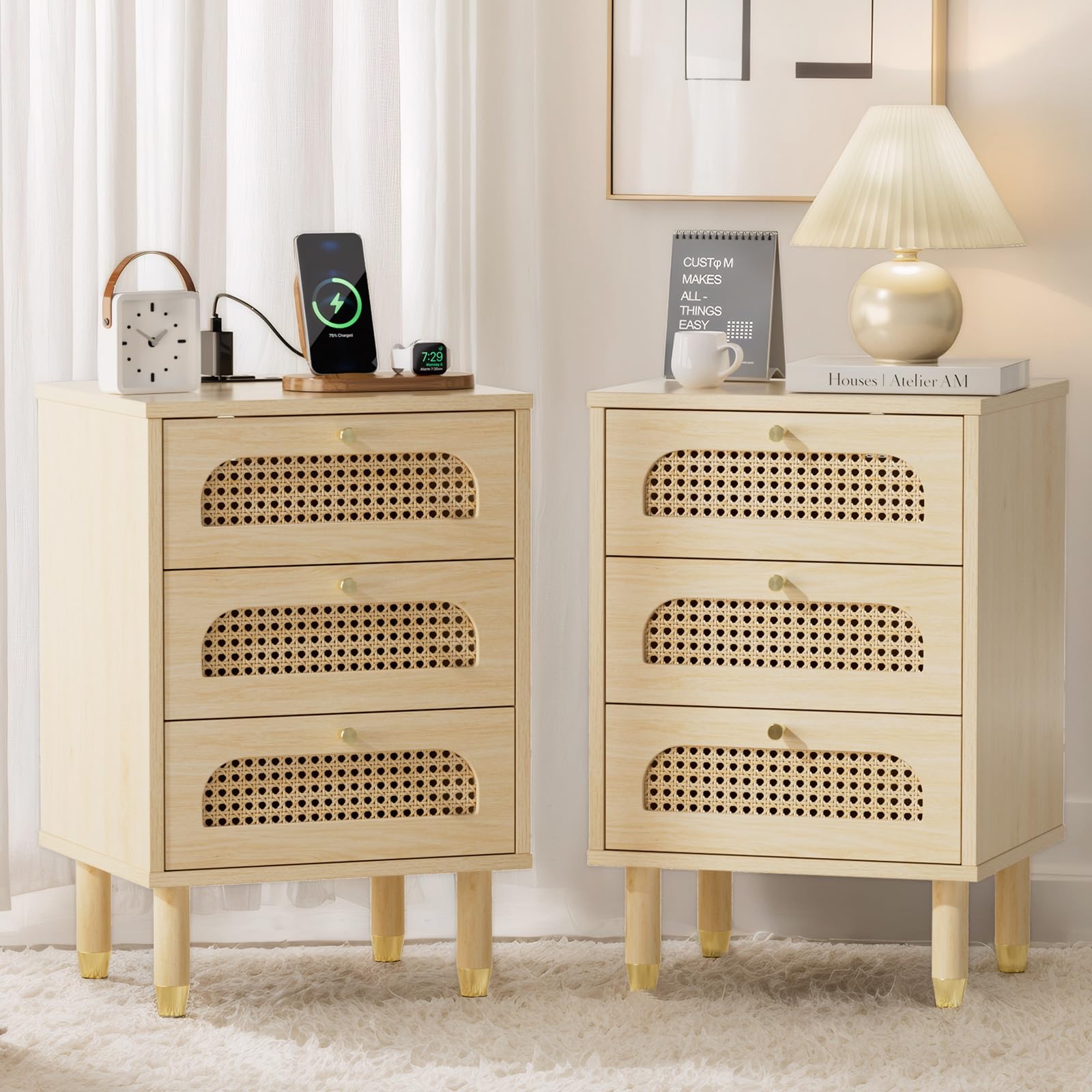 Black Rattan 3-Drawer Nightstand Set of 2