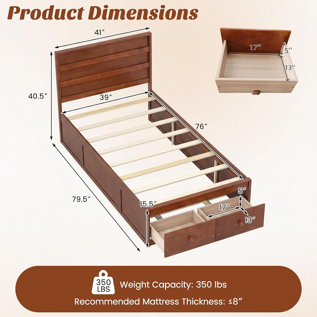 Walnut Twin Wood Drawer Storage Bed Frame