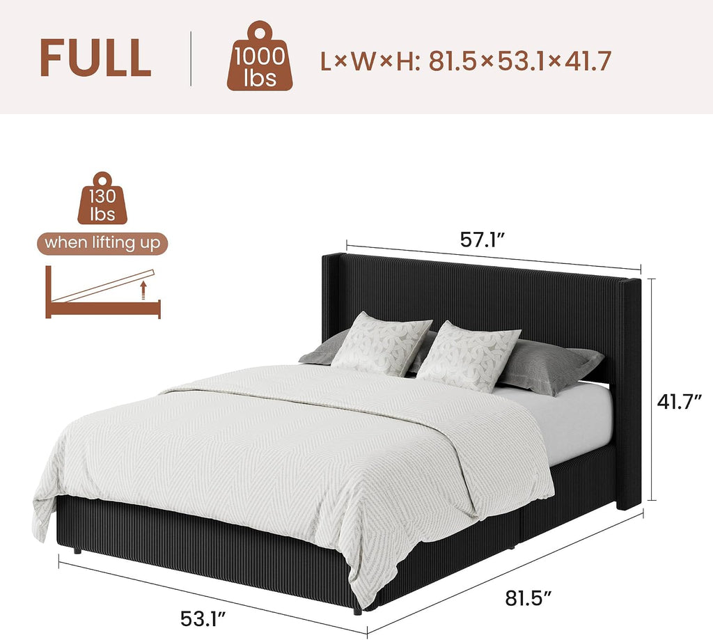 Black Corduroy Gas Lift Storage Bed Frame