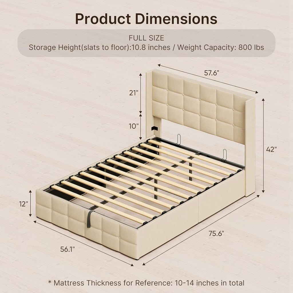 Beige Wingback Hydraulic Full Storage Bed