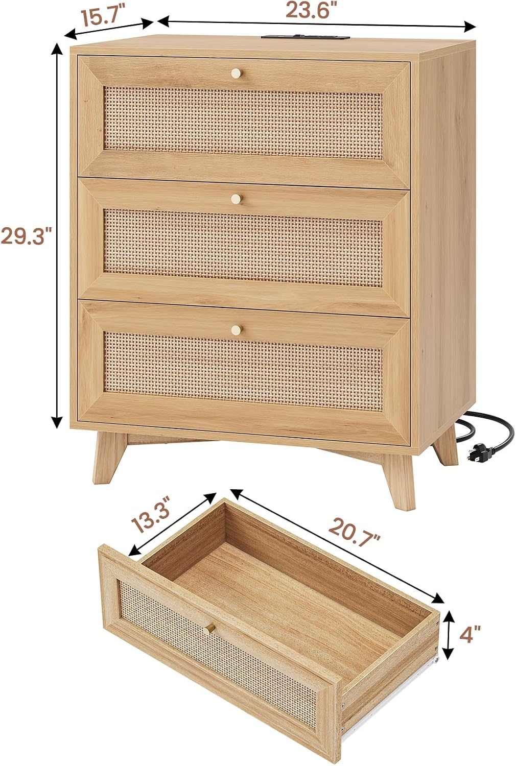 Boho Rattan 3-Drawer Charging Nightstand