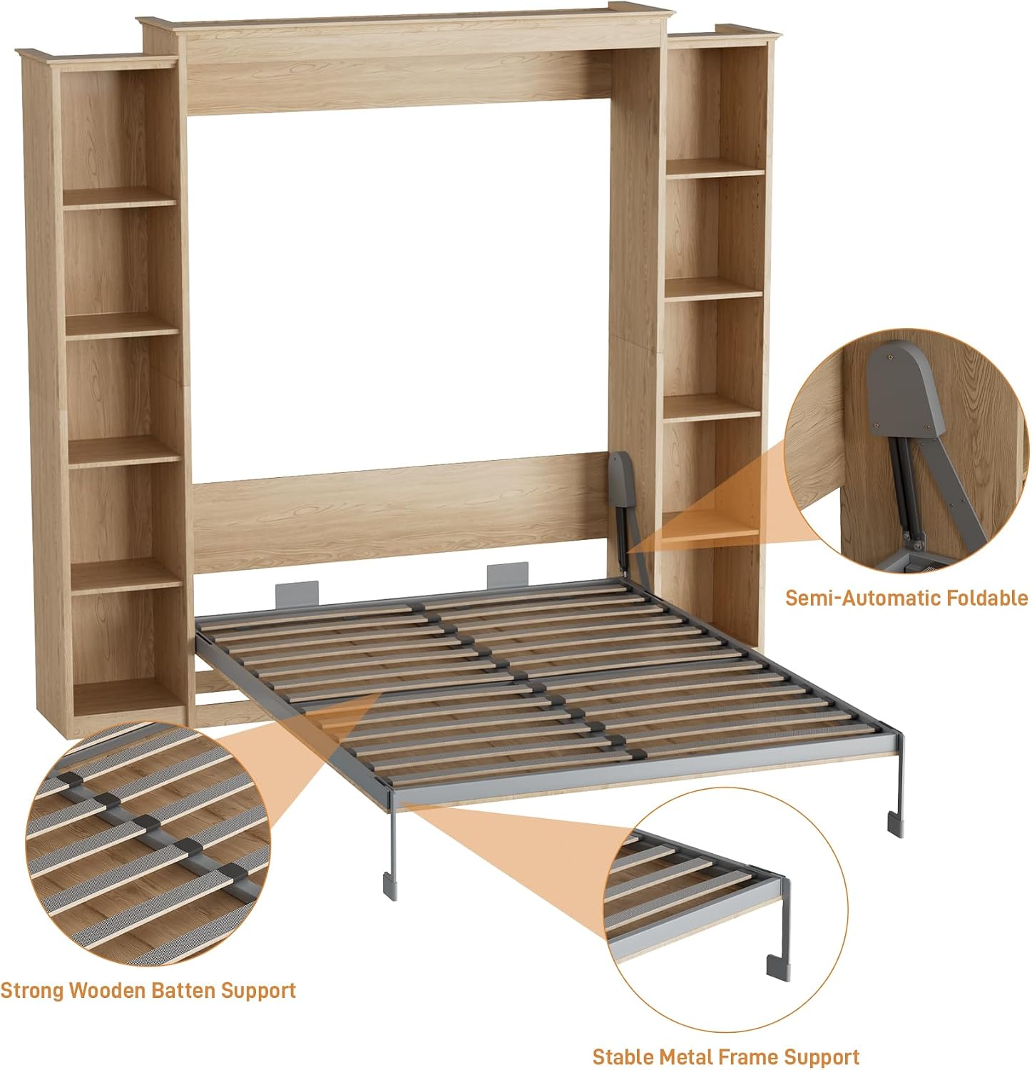 Natural Wood Queen Foldable Wall Murphy Bed