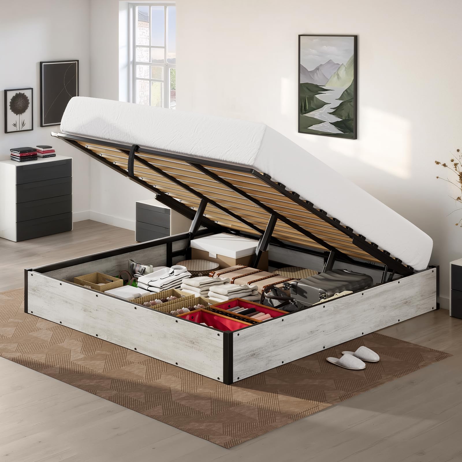 Black Queen Metal Lift Storage Bed Frame