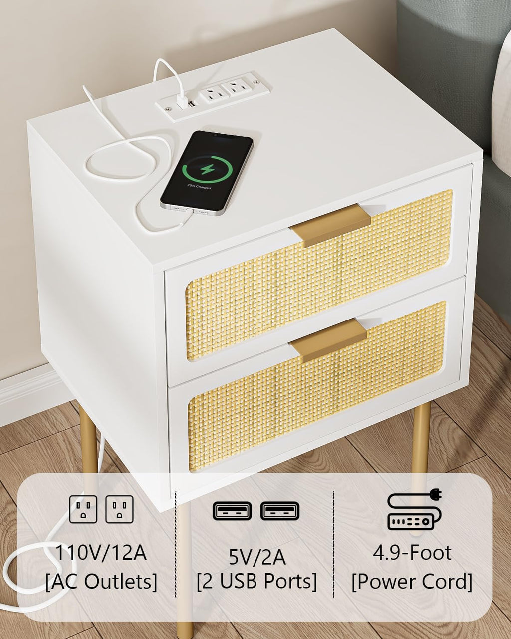 White Gold Frame Rattan 2-Drawer Nightstand