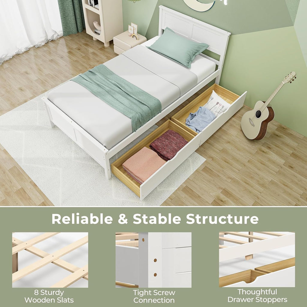 White Twin Wood Storage Drawer Bed Frame