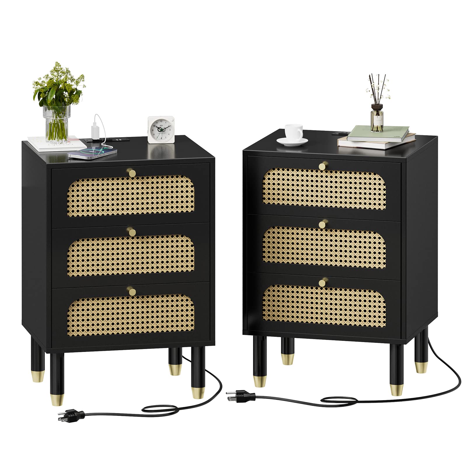 Black Rattan 3-Drawer Nightstand Set of 2