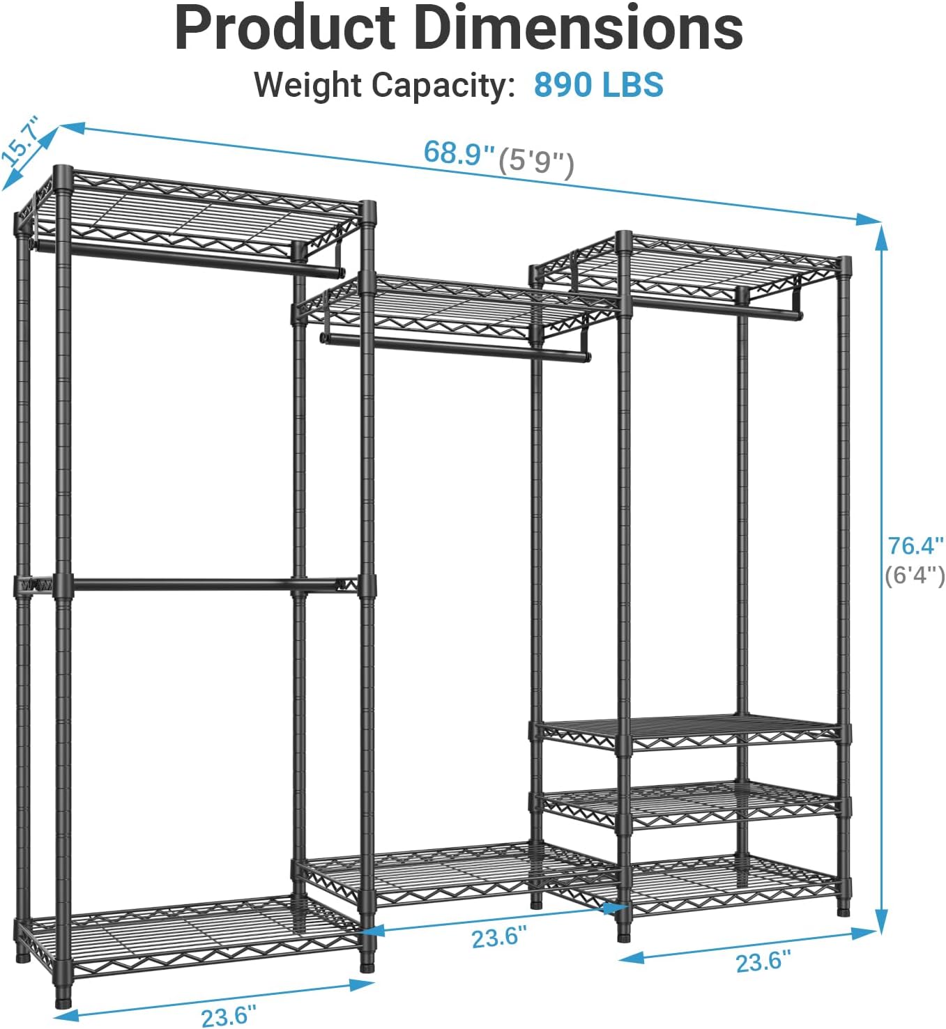 Black Adjustable Multi-Shelf Heavy Garment Rack