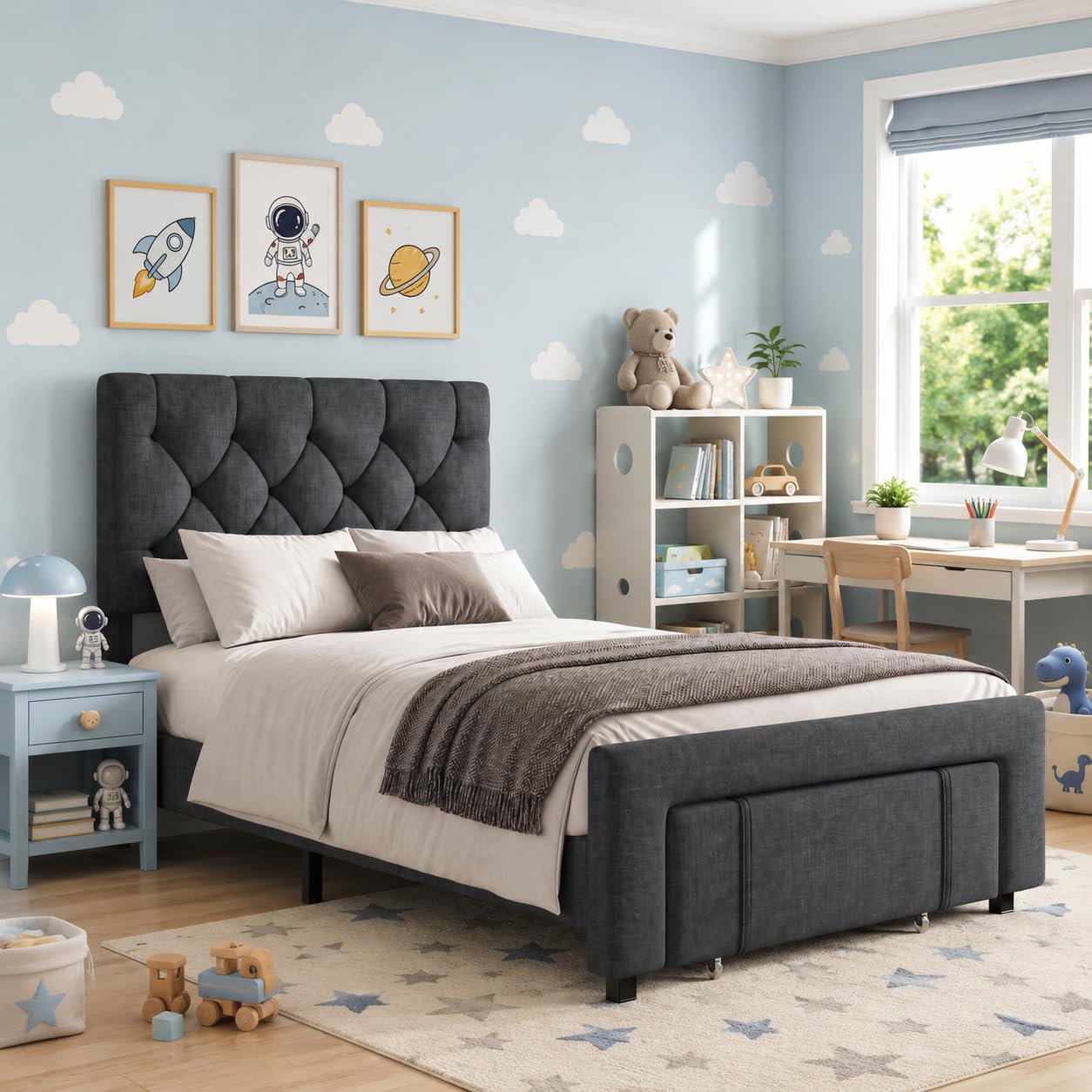 Beige King Upholstered Drawer Storage Bed
