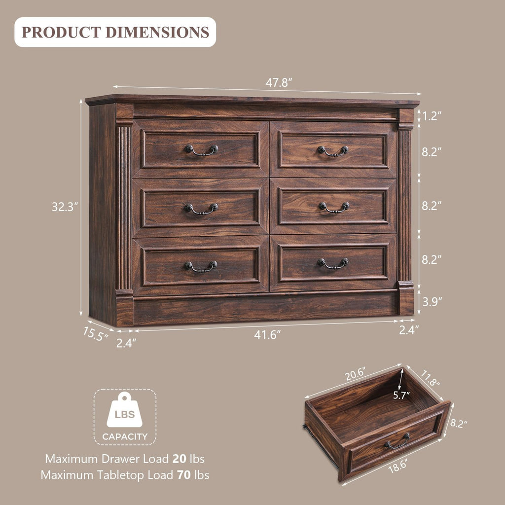 Brown Column Farmhouse 6-Drawer Wood Dresser