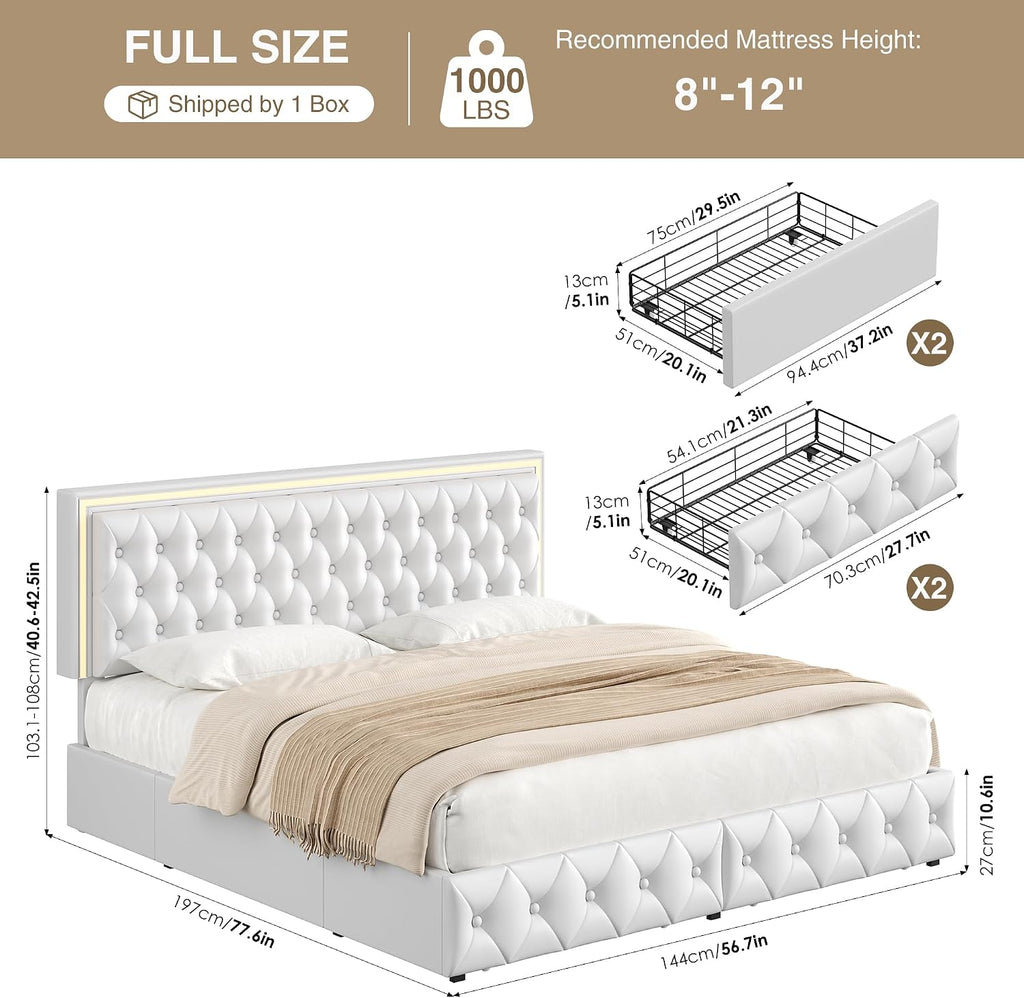 White LED Tufted Storage Drawer Bed Frame