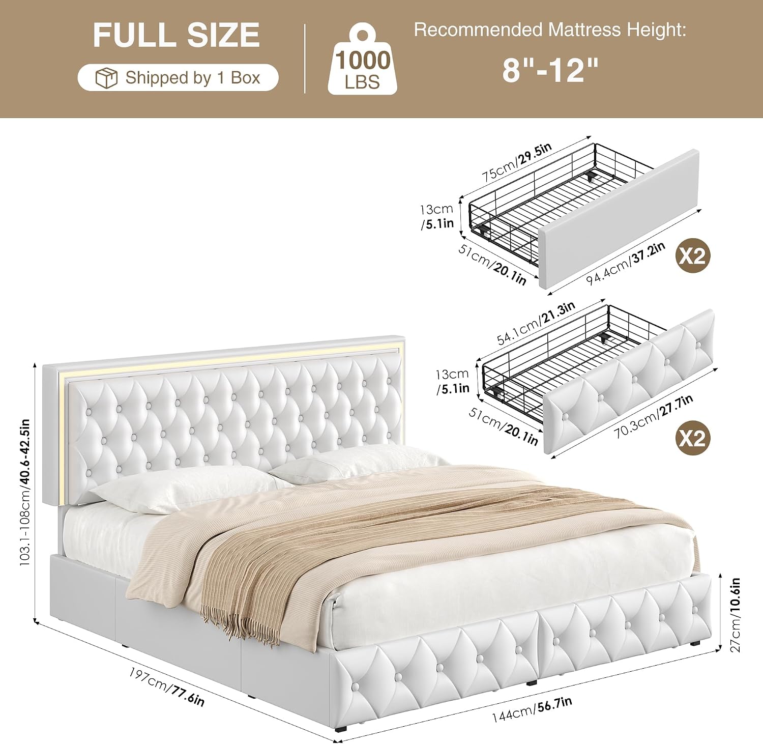 White LED Tufted Storage Drawer Bed Frame