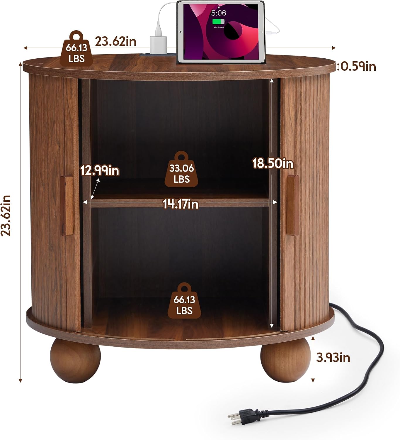 Walnut Round Fluted Charging Storage End Table