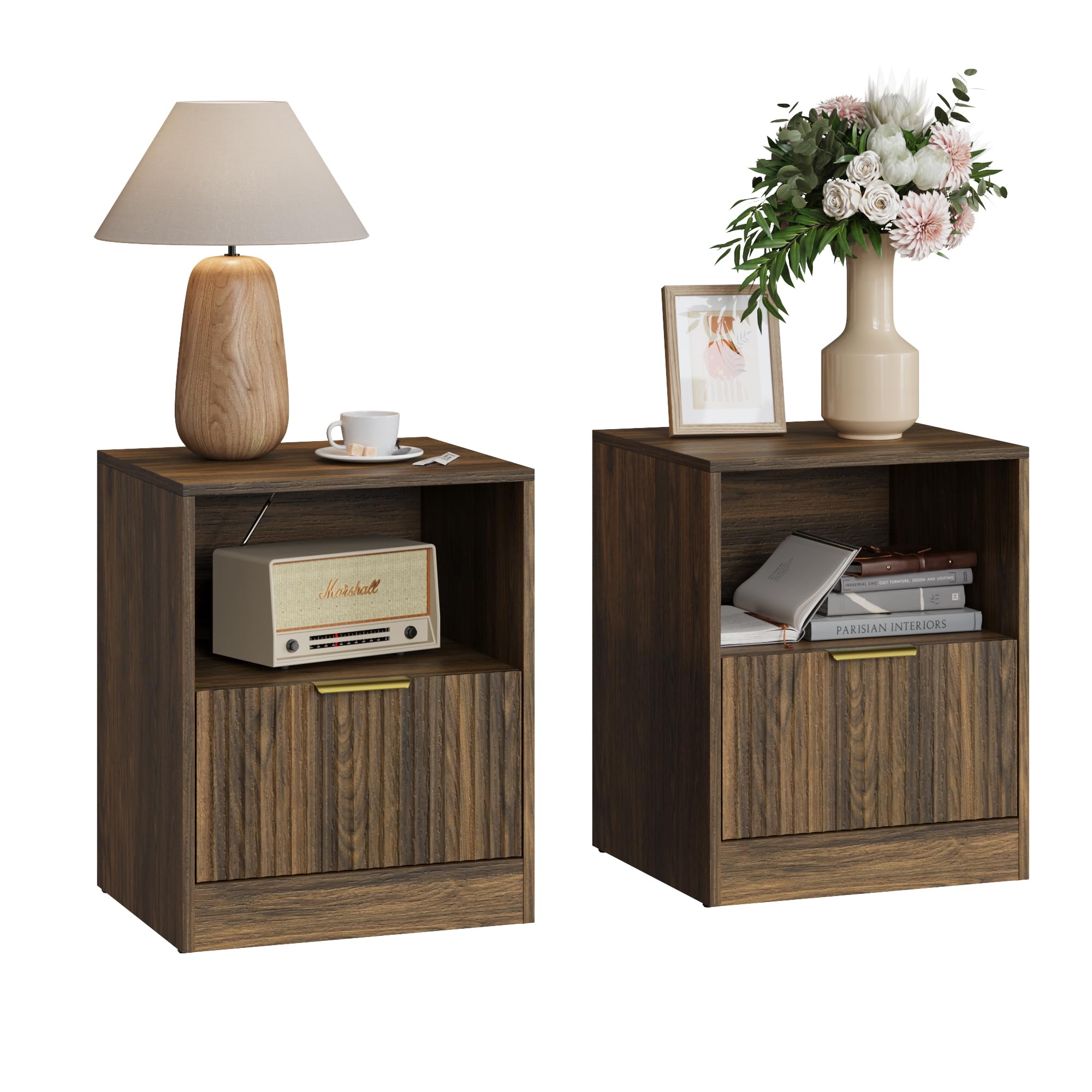 Walnut Fluted 2-Drawer Nightstand Set of 2
