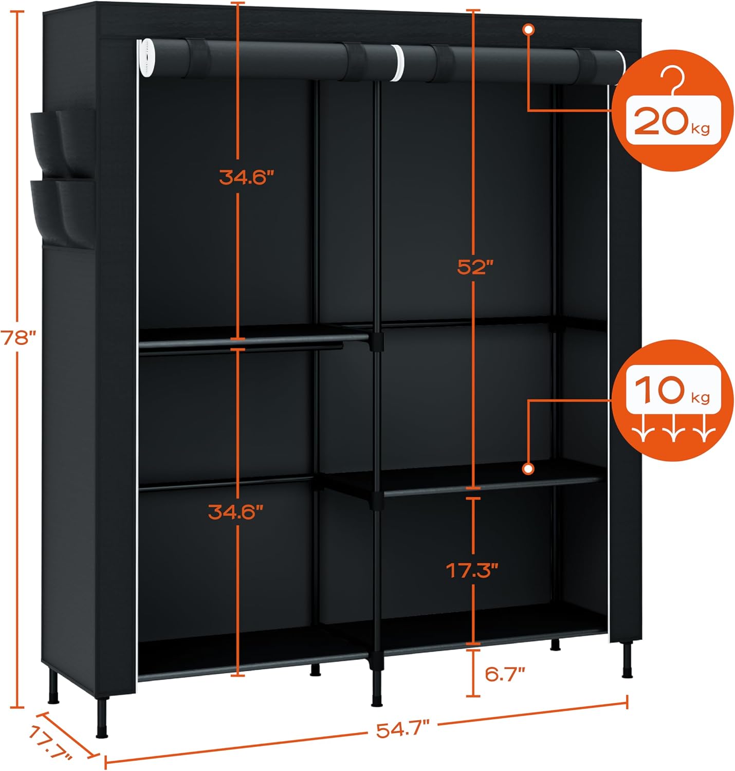 Black Covered 3-Rod Portable Wardrobe Closet