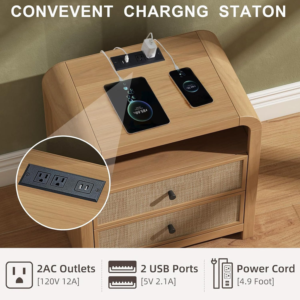 Curved Oak Rattan Charging Nightstands Set of 2
