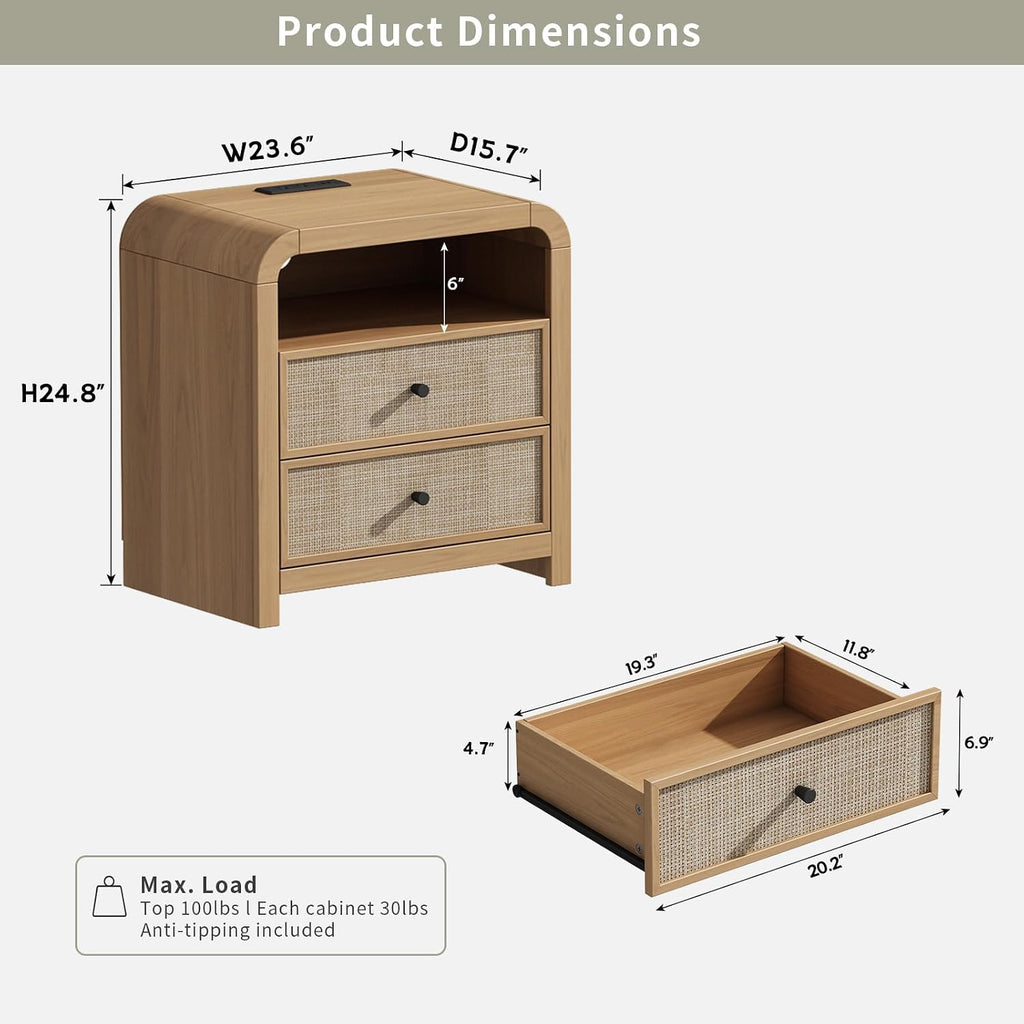 Curved Oak Rattan Charging Nightstands Set of 2