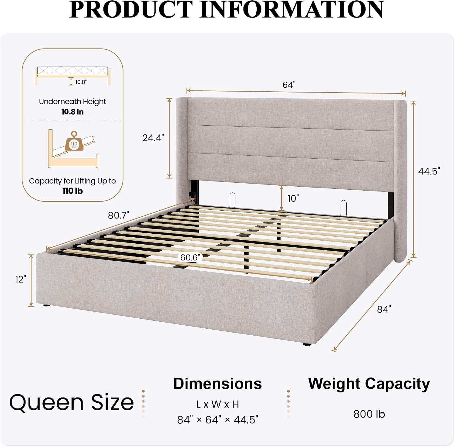 Light Beige Wingback Hydraulic Storage Bed