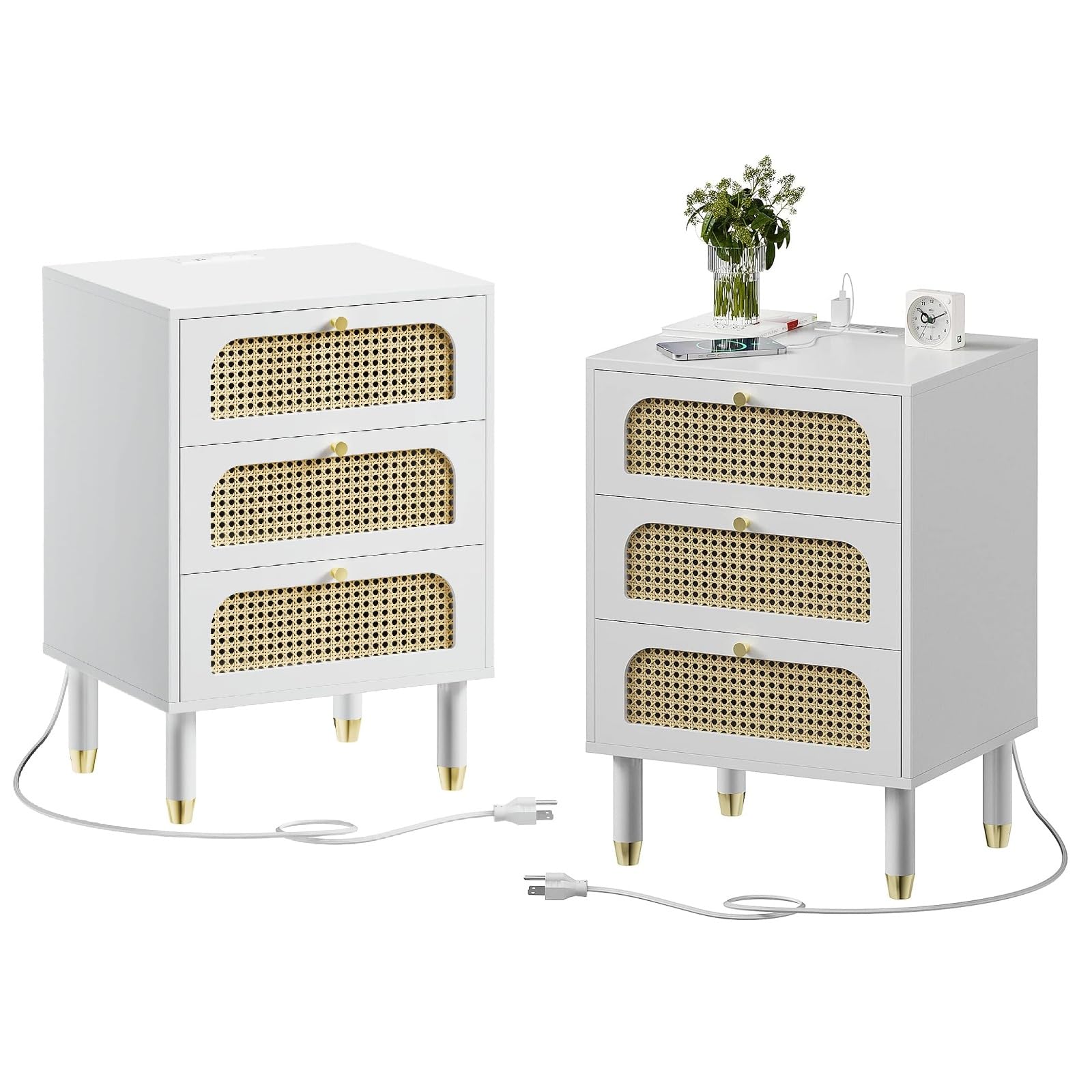 Black Rattan 3-Drawer Nightstand Set of 2