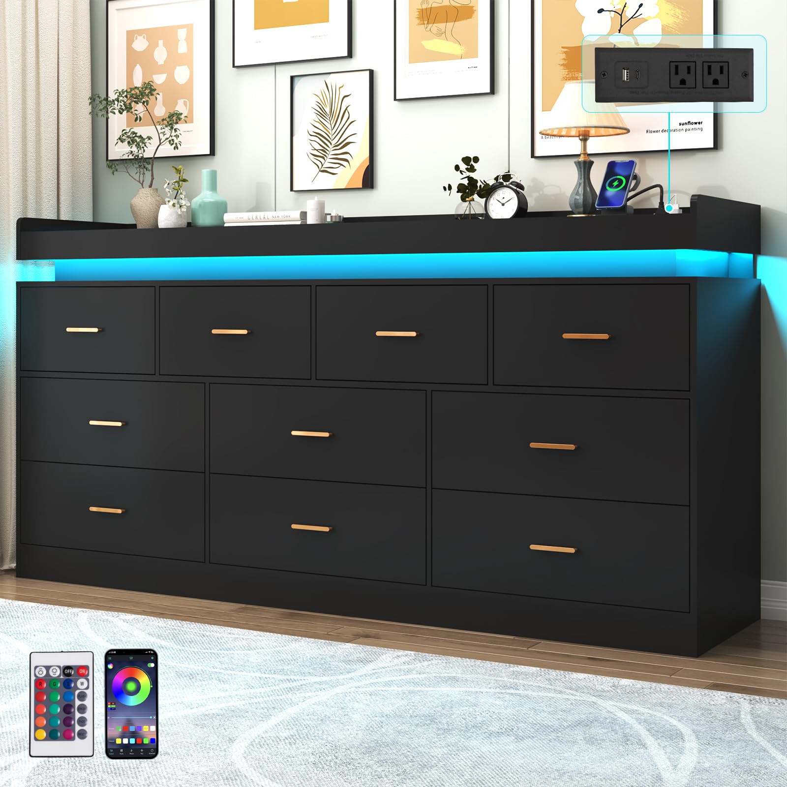 Black LED Charging 7-Drawer Modern Dresser