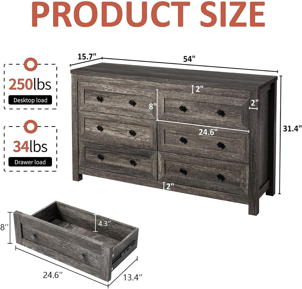 Grey Farmhouse 6-Drawer Wood Storage Dresser