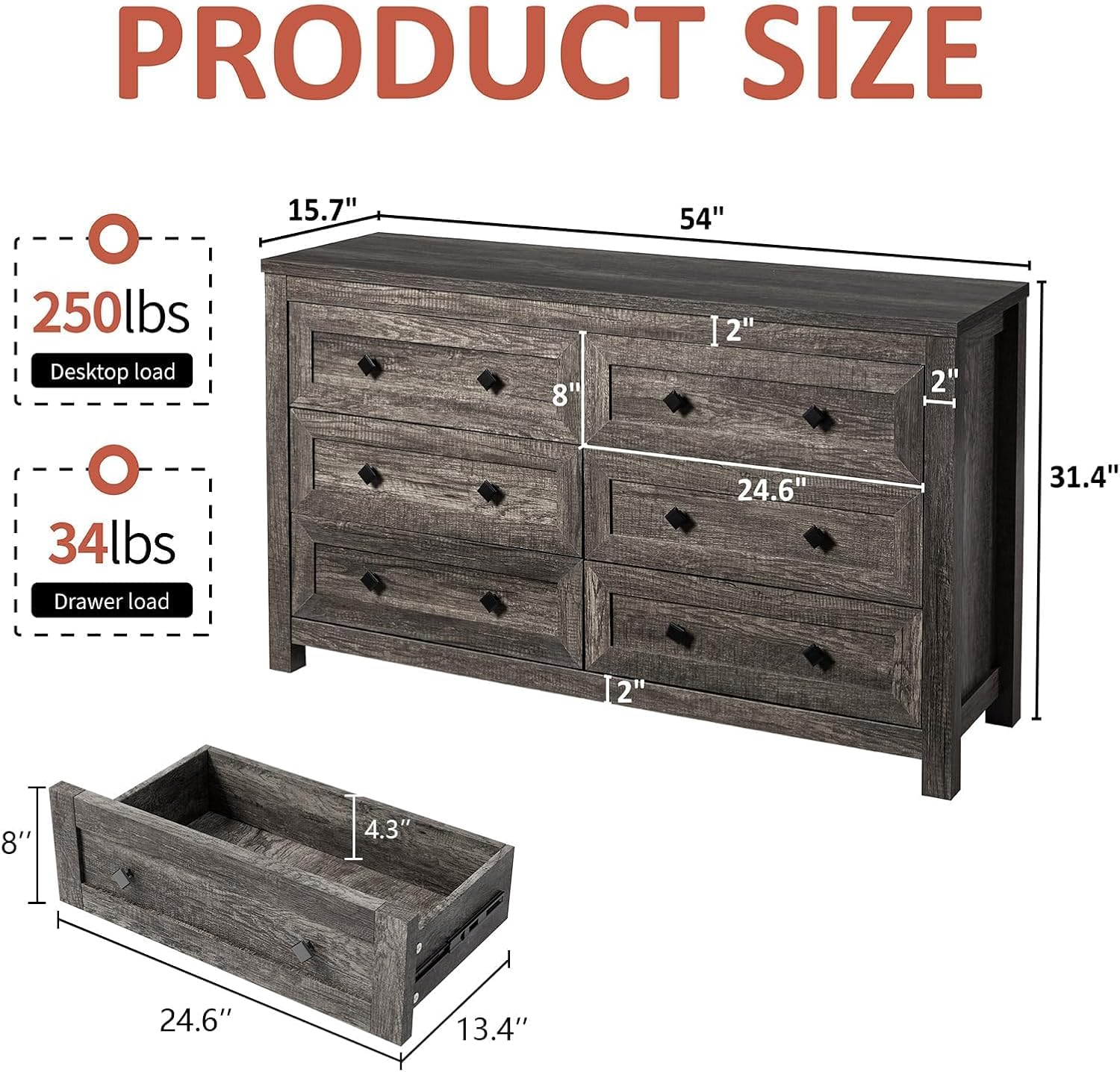 Grey Farmhouse 6-Drawer Wood Storage Dresser