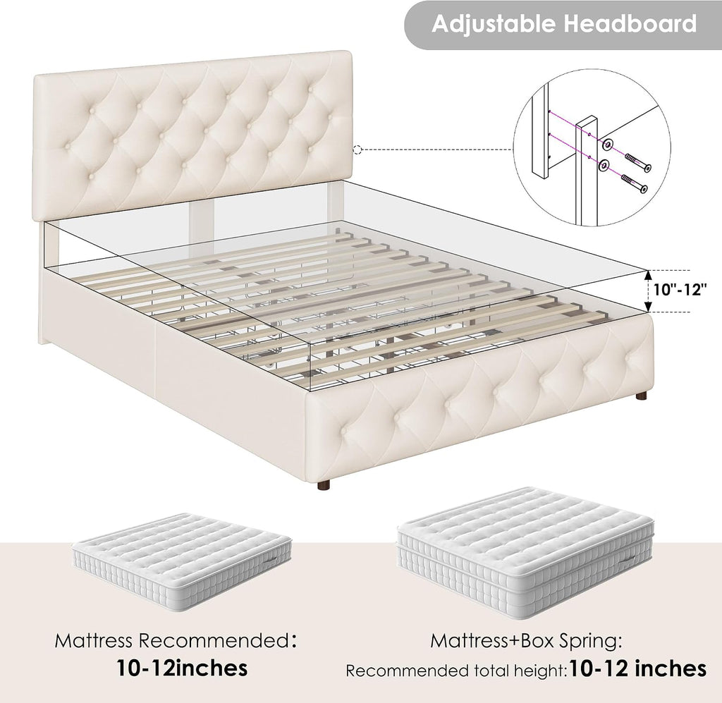 Beige Tufted Full Storage Drawer Bed Frame