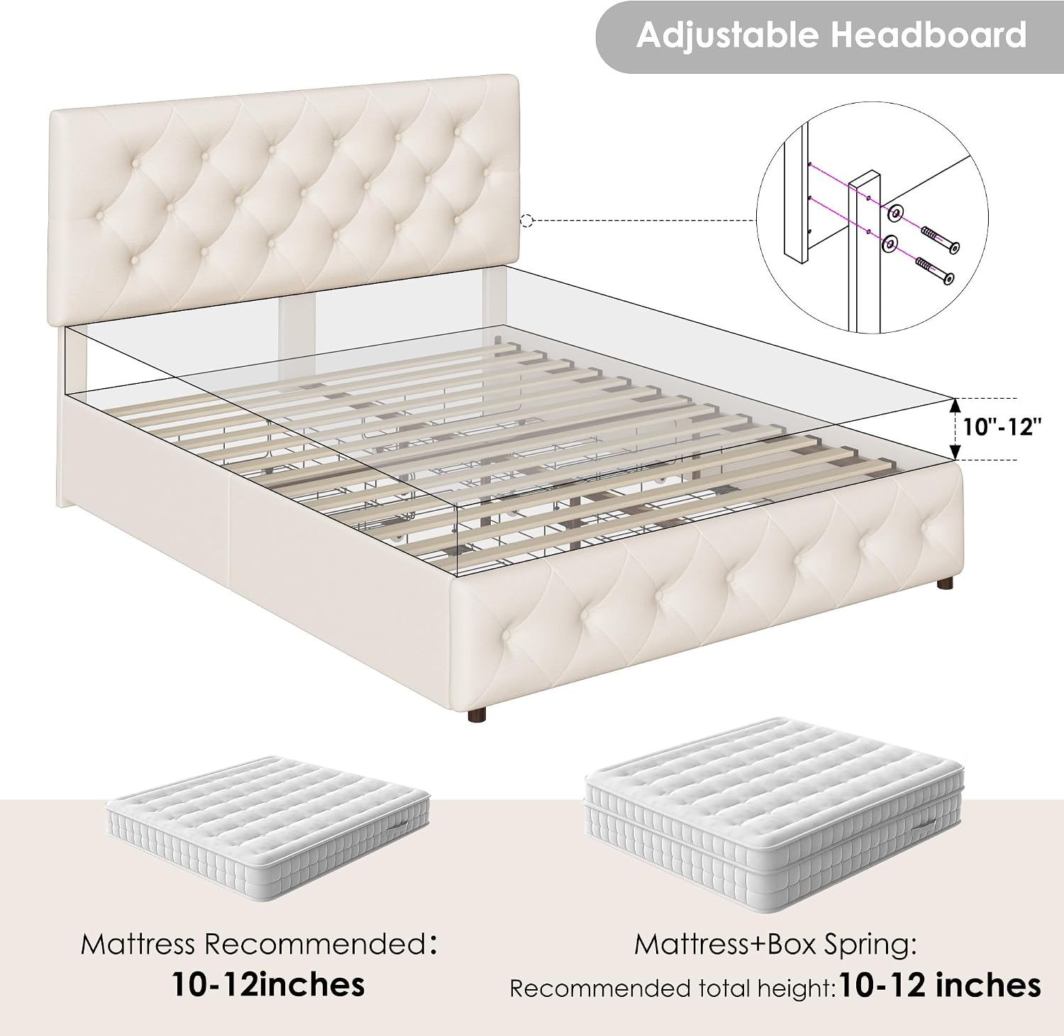 Beige Tufted Full Storage Drawer Bed Frame