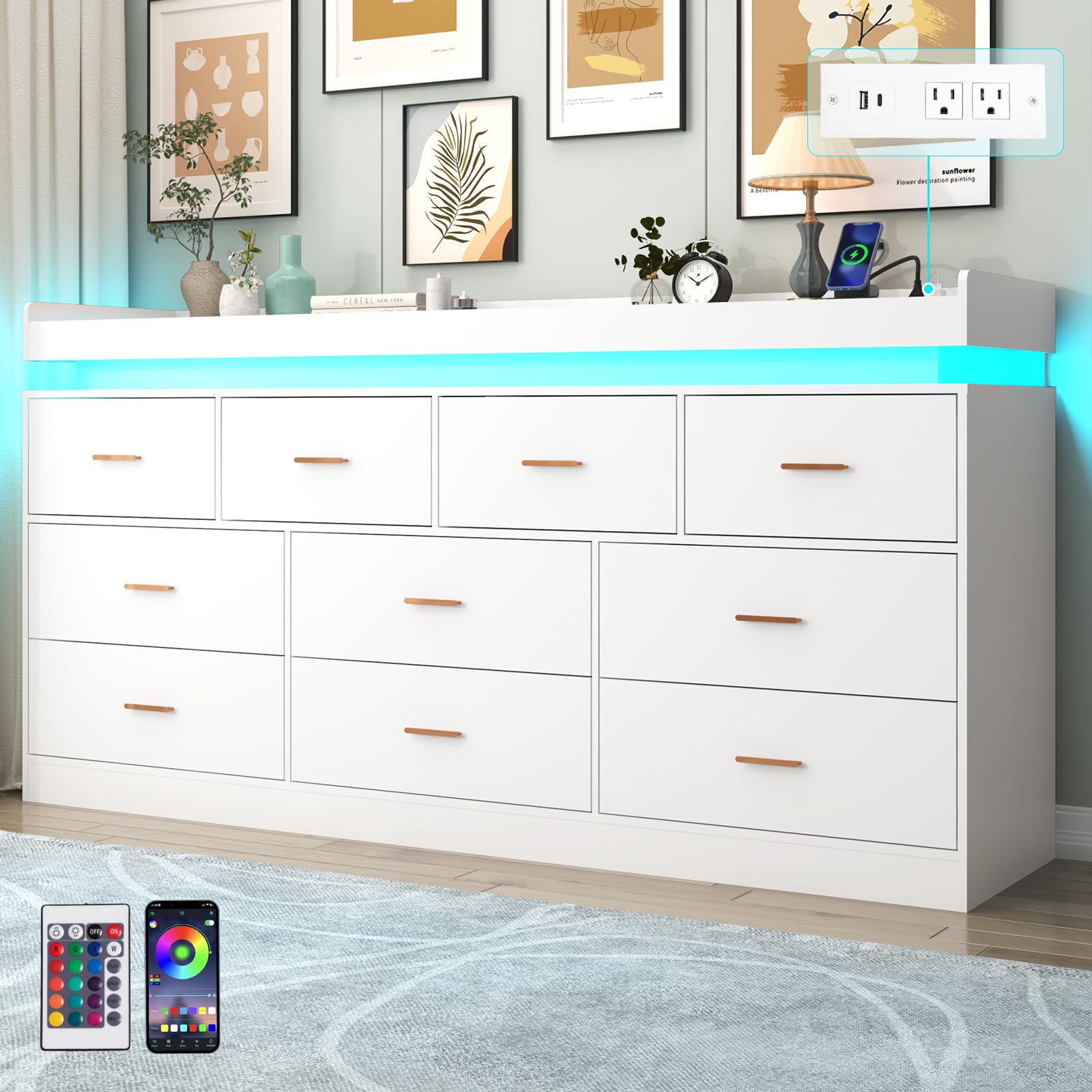Black LED Charging 7-Drawer Modern Dresser
