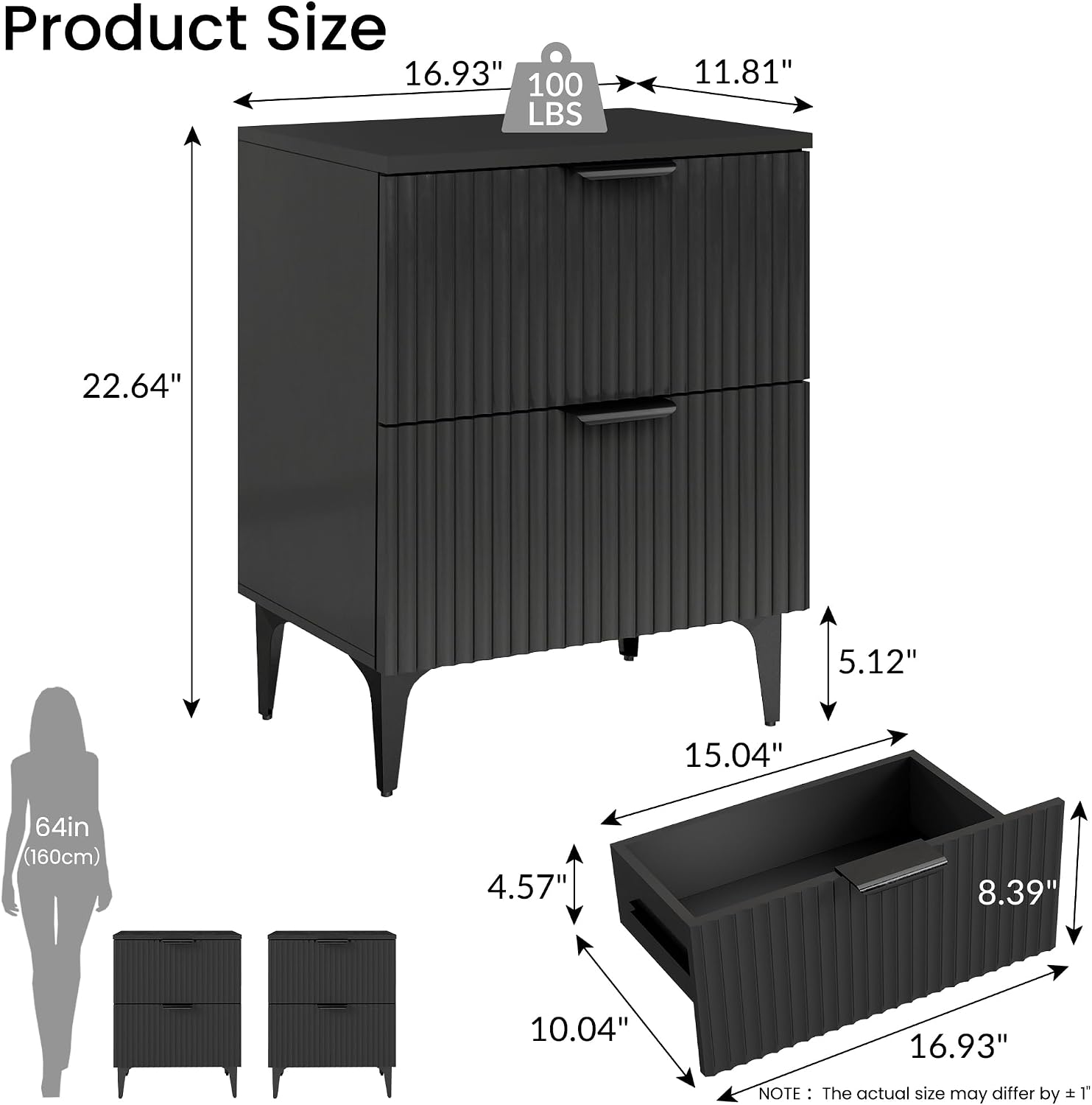Black Fluted 2-Drawer Nightstand Set of 2