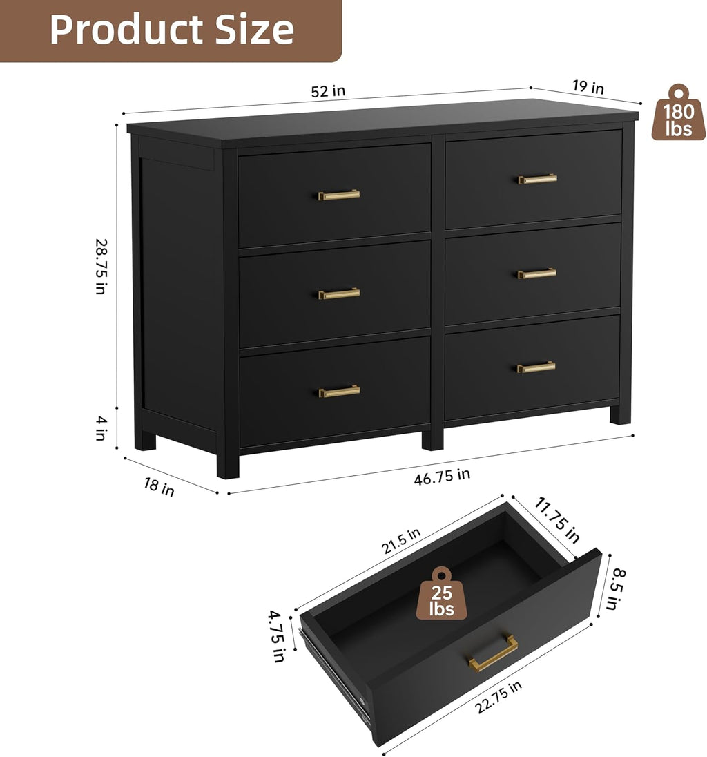 Black Solid Wood 6-Drawer Mid Century Dresser