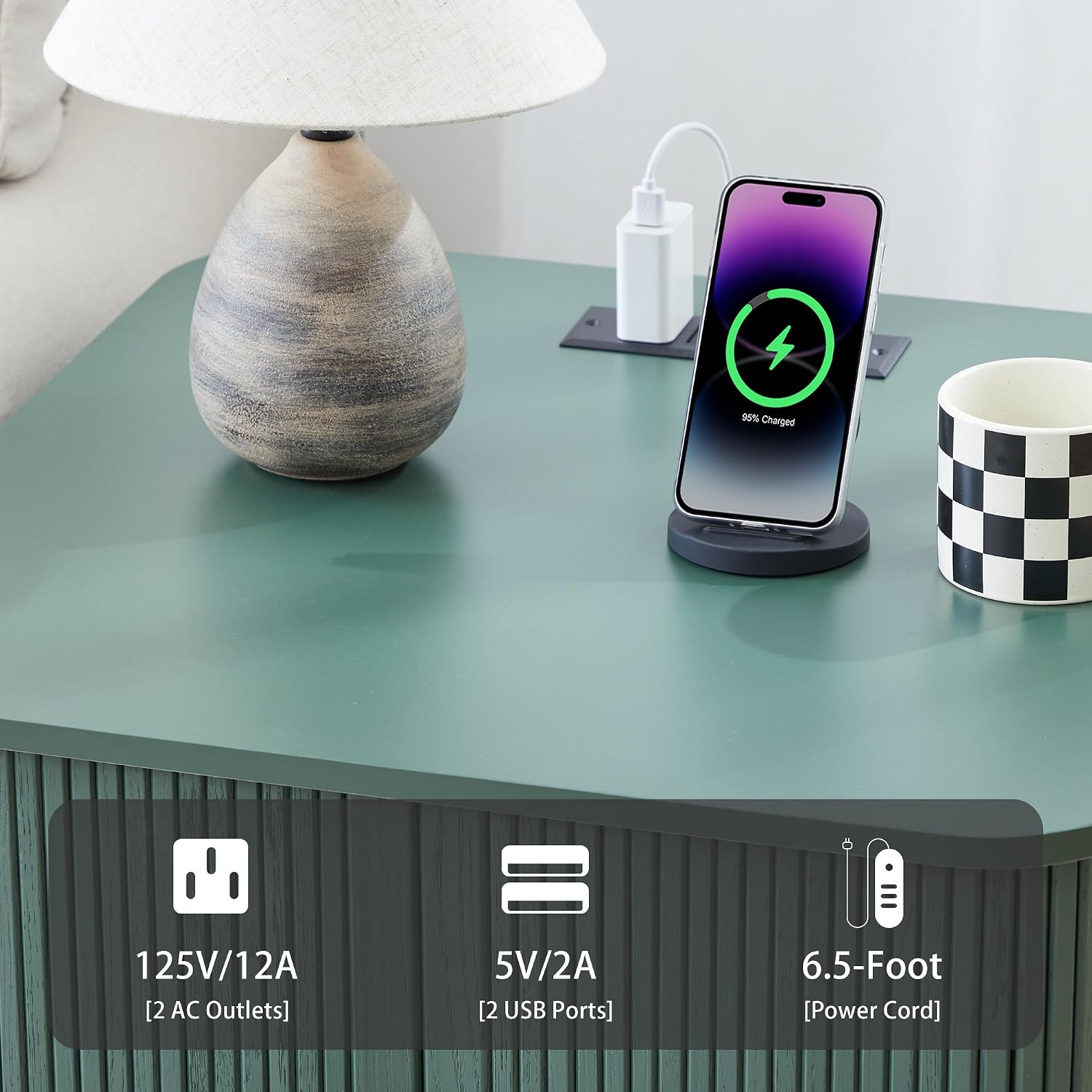 Green Fluted Curved Charging Station End Table