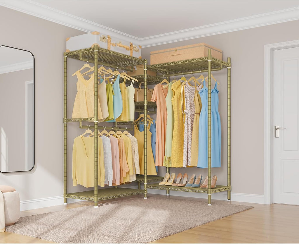 Gold 5-Tier L-Shaped Corner Wire Garment Rack