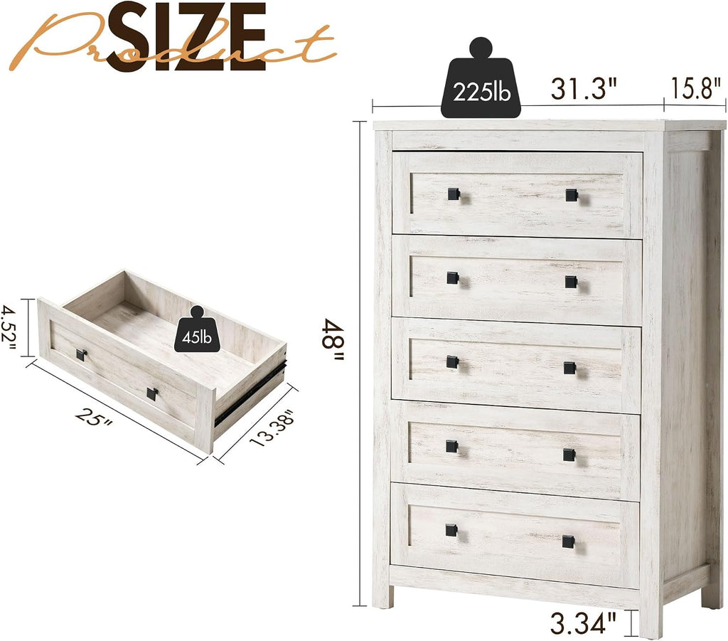 Distressed White Vintage 5-Drawer Wood Dresser