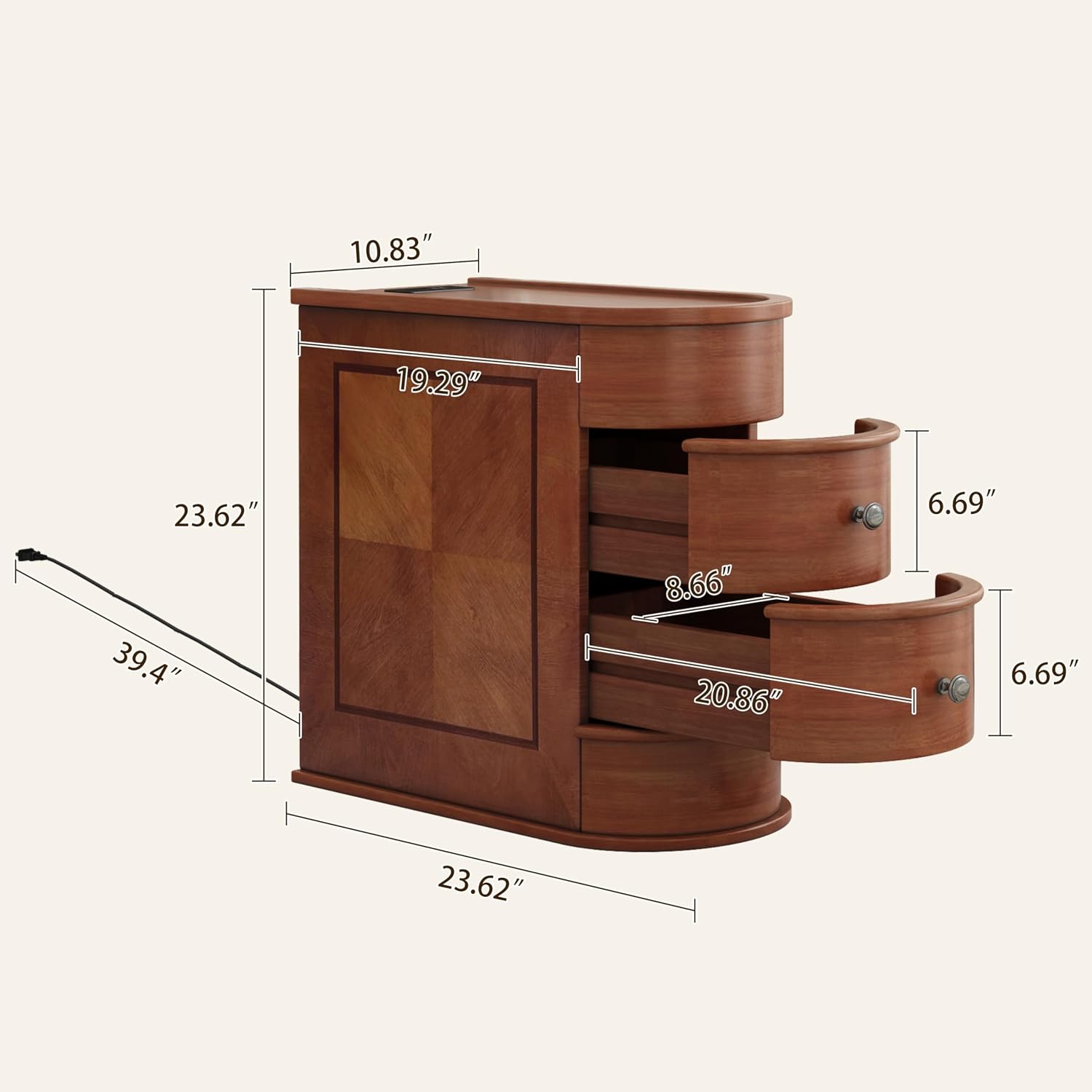 Brown Narrow Charging 2-Drawer Side Table