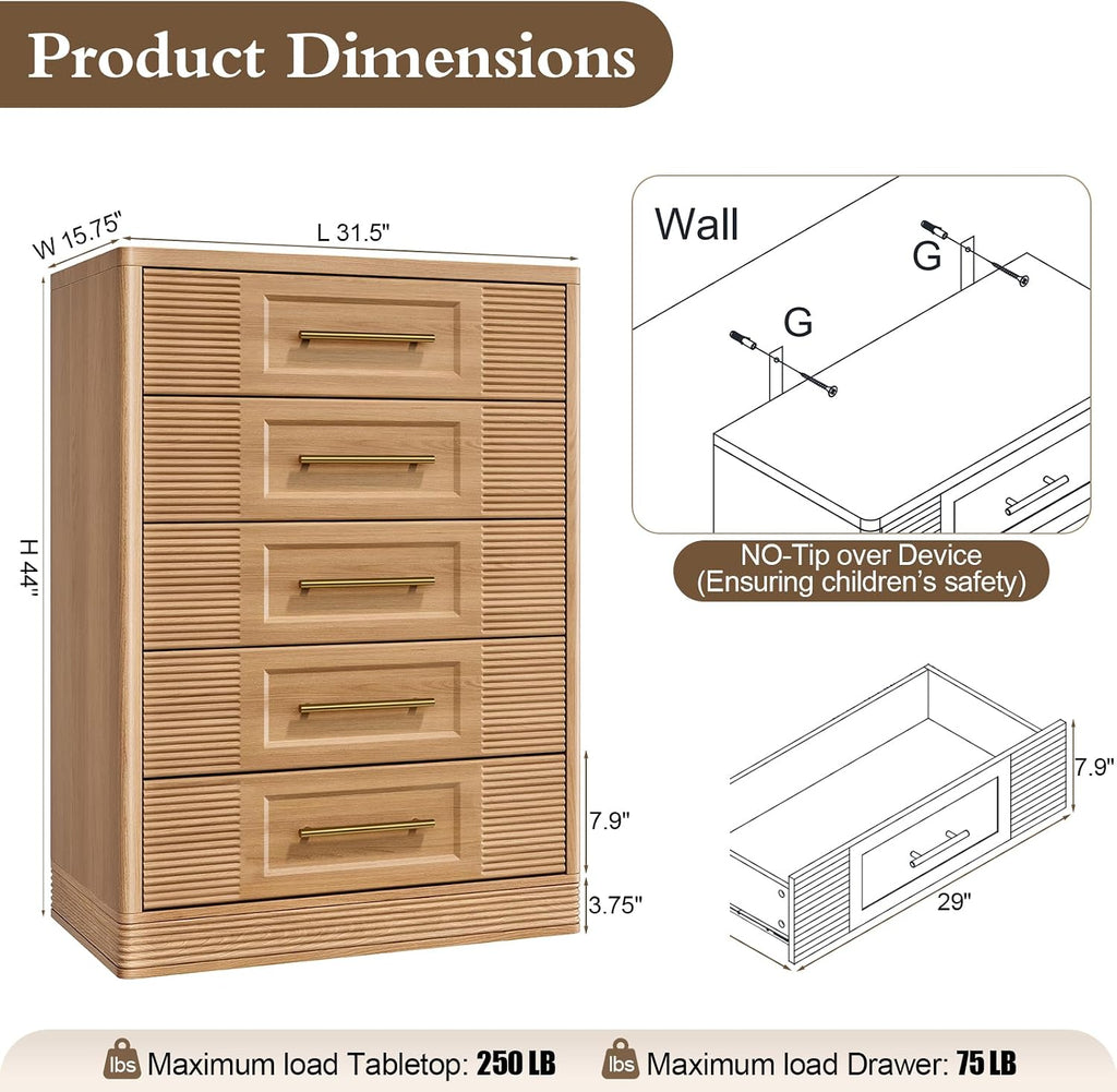 Natural Oak Curved 5-Drawer Farmhouse Dresser