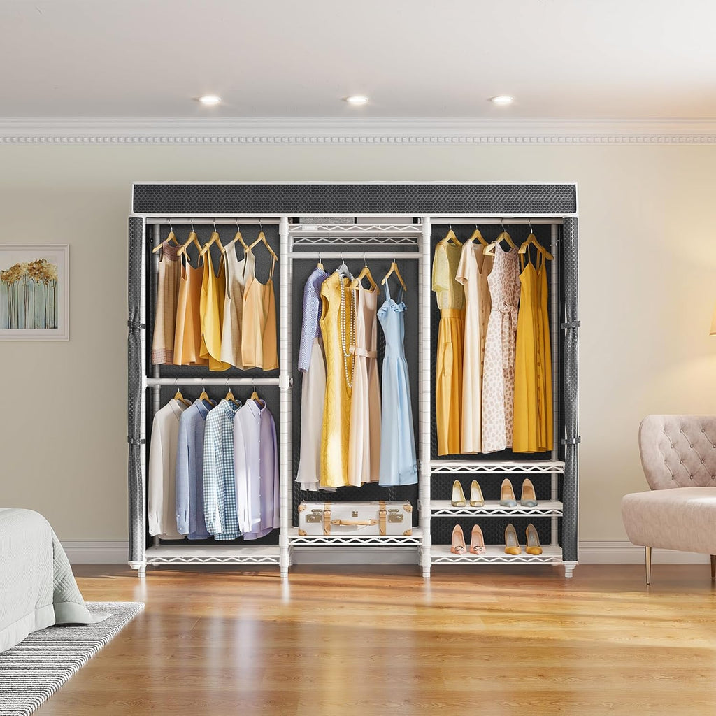 White Frame Black Cover Adjustable Garment Rack