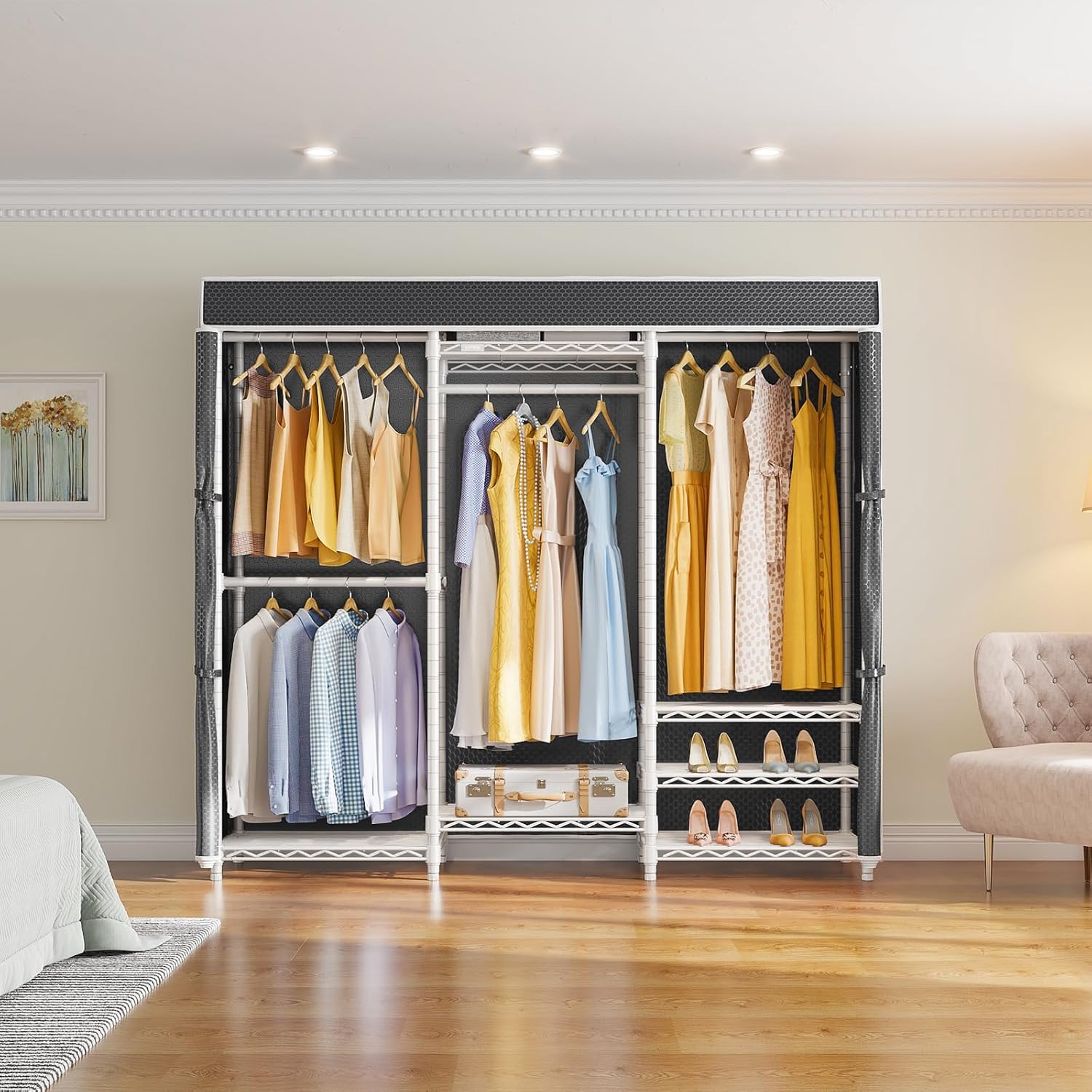 White Frame Black Cover Adjustable Garment Rack