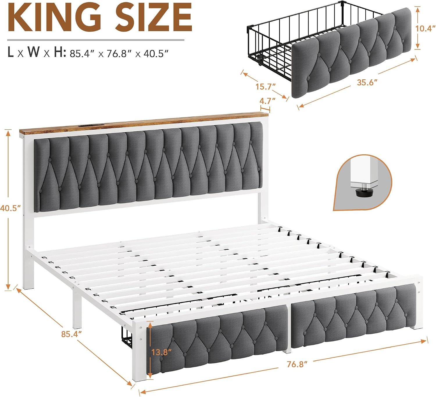 Grey King Storage Drawer Charging Bed Frame
