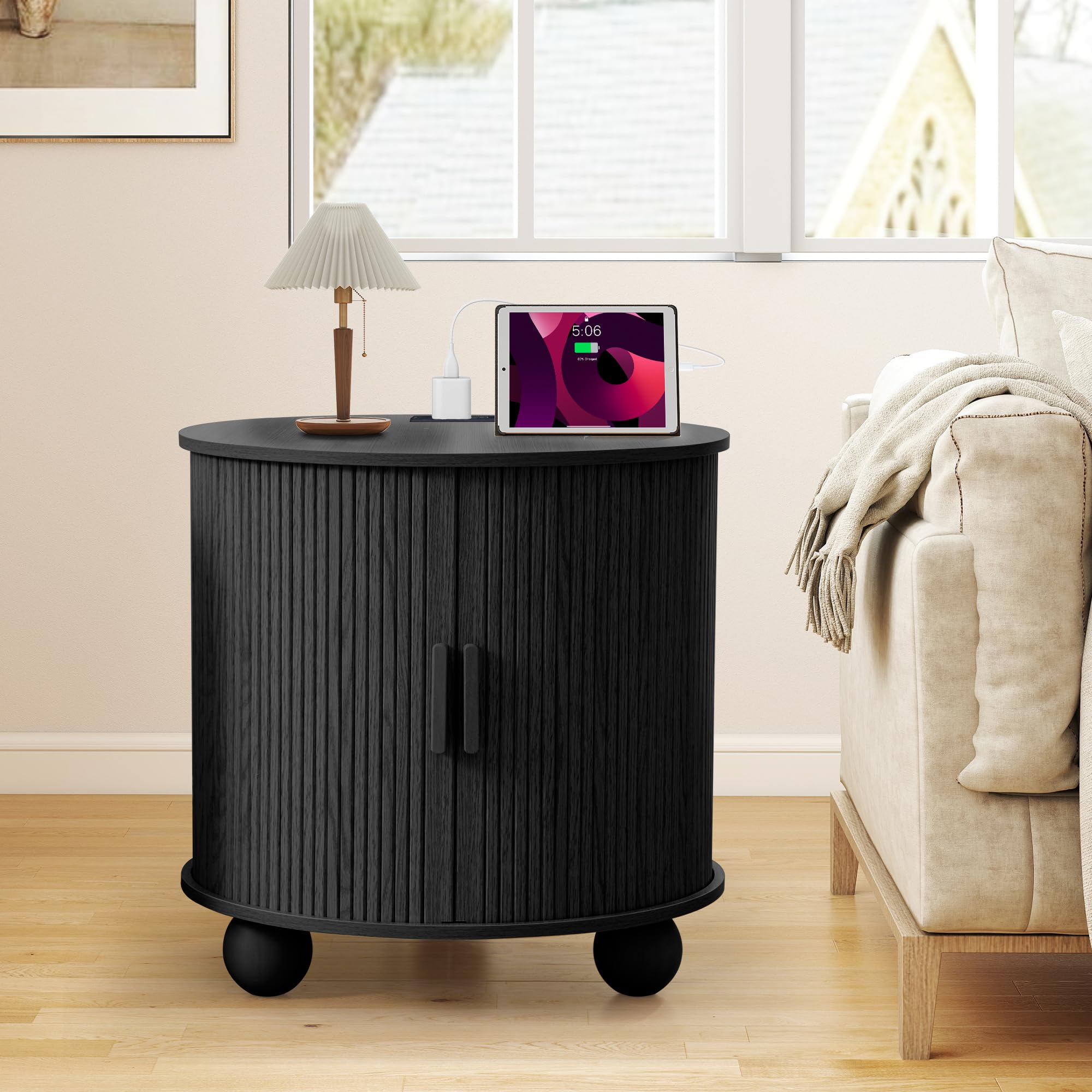 Green Fluted Curved Charging Station End Table