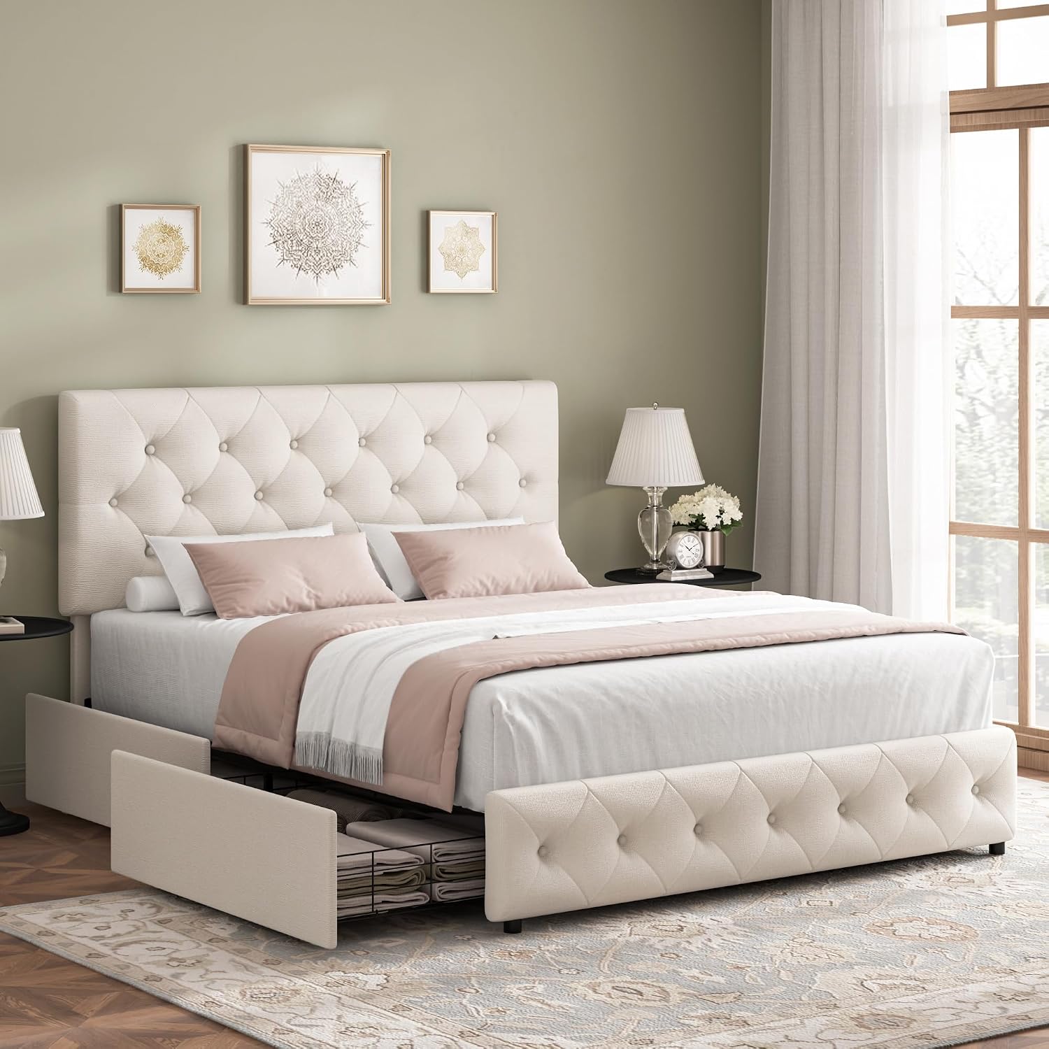 Beige Tufted Full Storage Drawer Bed Frame